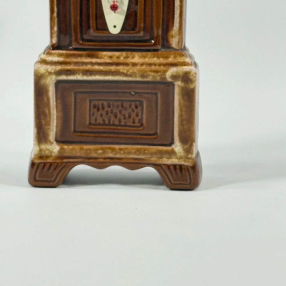 VTG Grandfather Clock Thermometer Ceramic‎ Brown Drip Glaze Japan MCM Home Decor